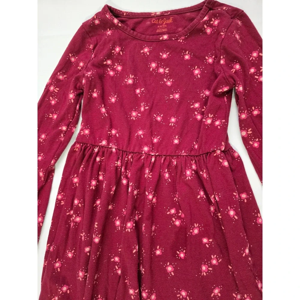 Cat & Jack Girls Burgundy Floral Long Sleeve Jersey Dress Maroon Size S 6/6X